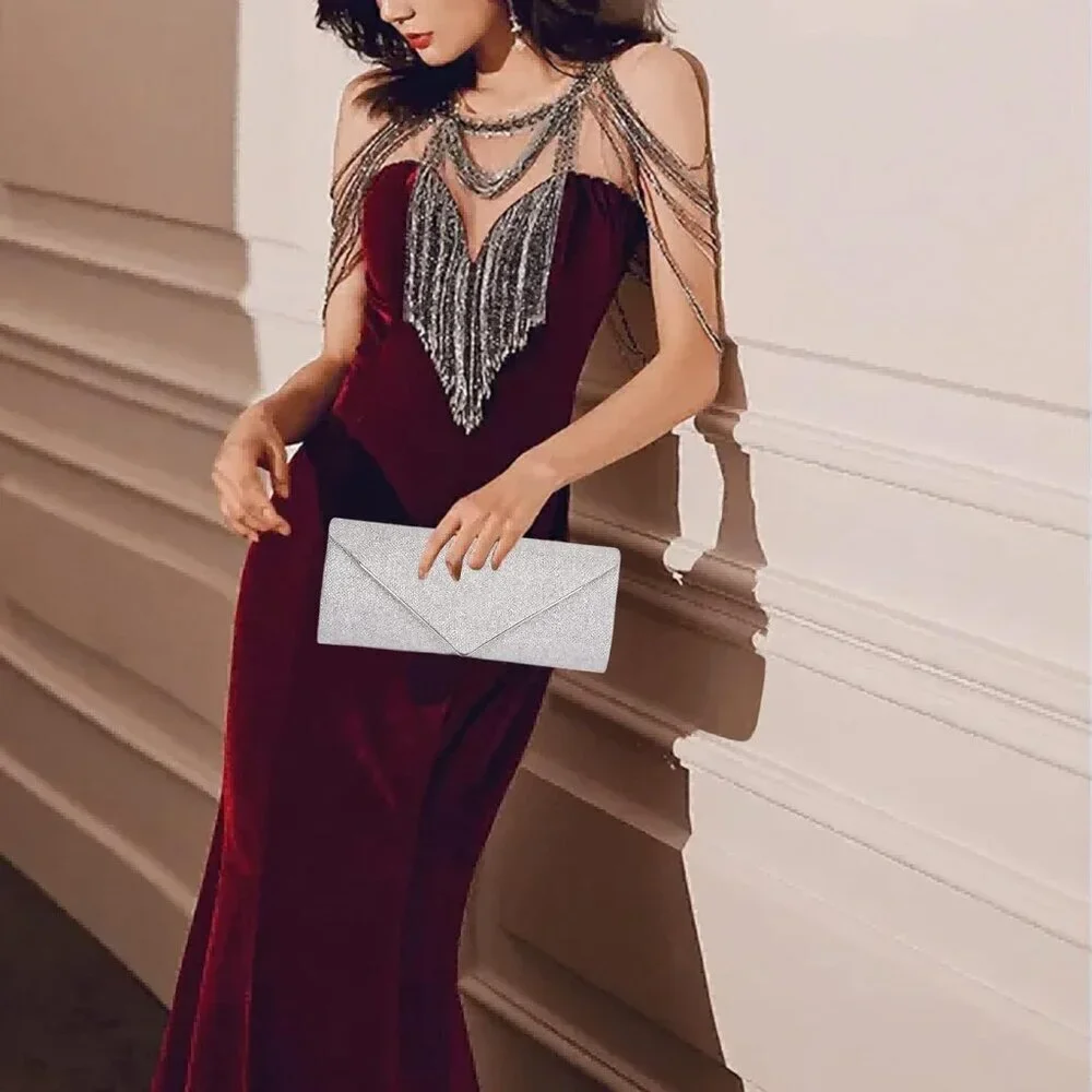 Women's Sliver Sparkling Envelope Bag With Detachable Chain Clutch Purses